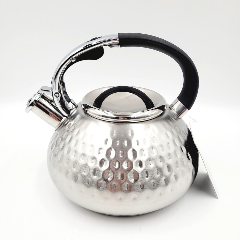 Balduzzi Hammered Stainless Steel Silver Tea Kettle Black Faux Soft Touch Handle