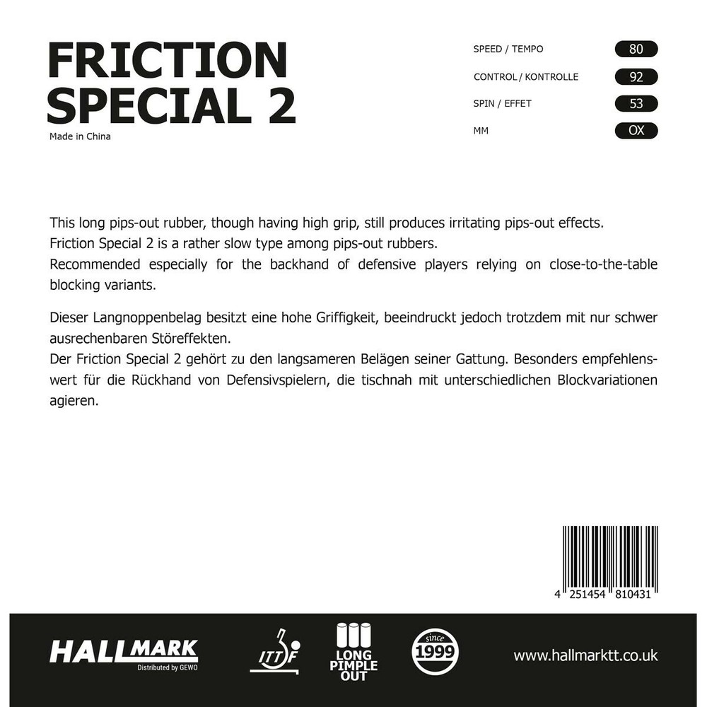 Hallmark long pips-out FRICTION ESPECIAL2 OX rubber