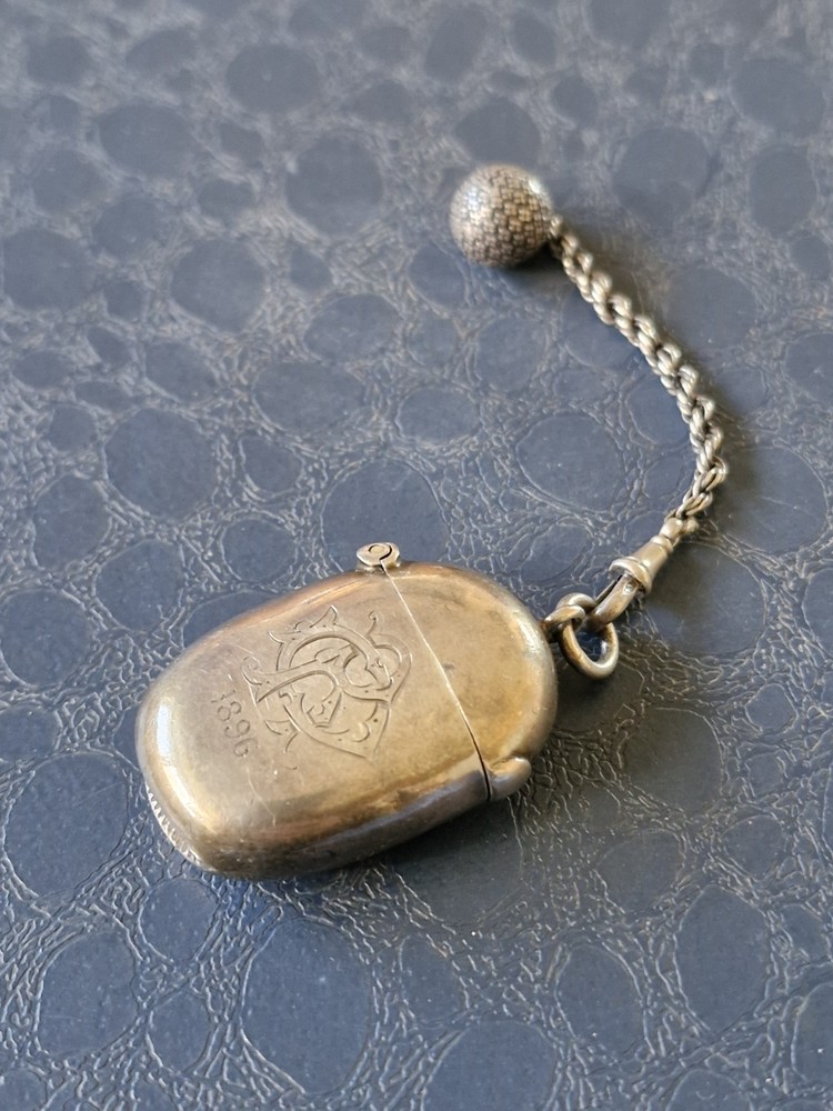 Victorian 1896 Solid Silver Vesta Case,Chester Hallmarked,William Neale + Chain.