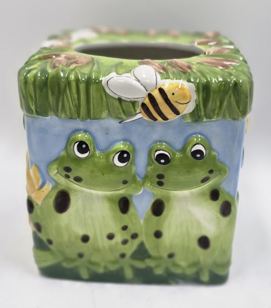 Ceramic Frog Tissue Box Holder Handpainted