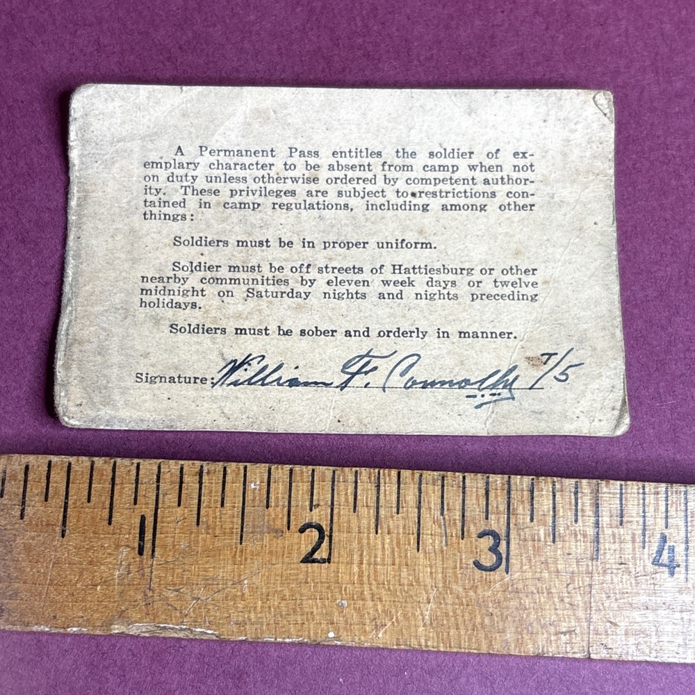 WWII Camp Shelby MS Permanent Pass Named & Signed Original Piece