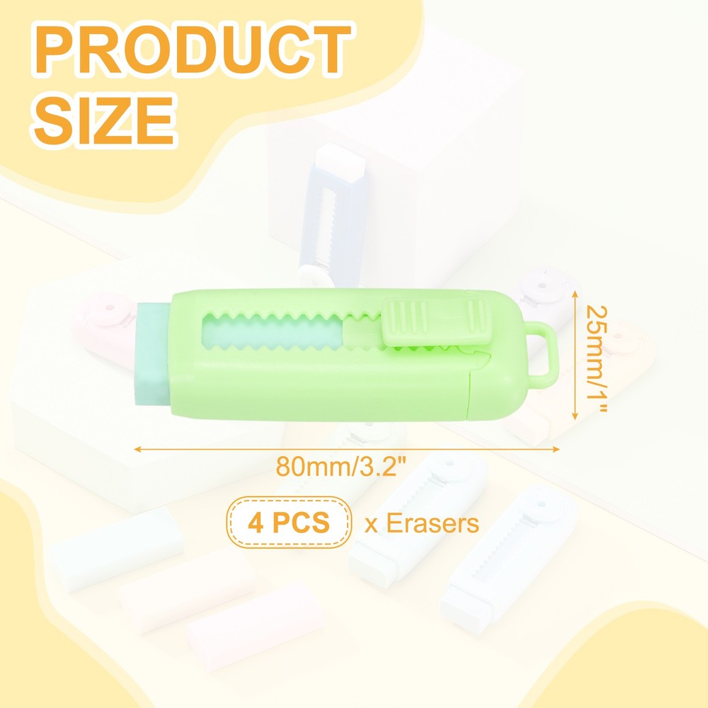 4Pack Erasers, Sliding Retractable Eraser Push Pull Cute Pencil Erasers, Green