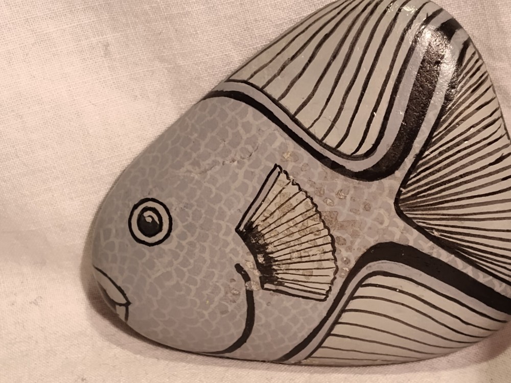 Hand Painted Stone Rock Gray Fish Signed
