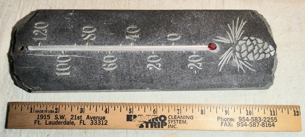 HEAVY SLATE WORKING THERMOMETER DISPLAY SIGN WITH PINEAPPLE ETCHED INTO BOTTOM
