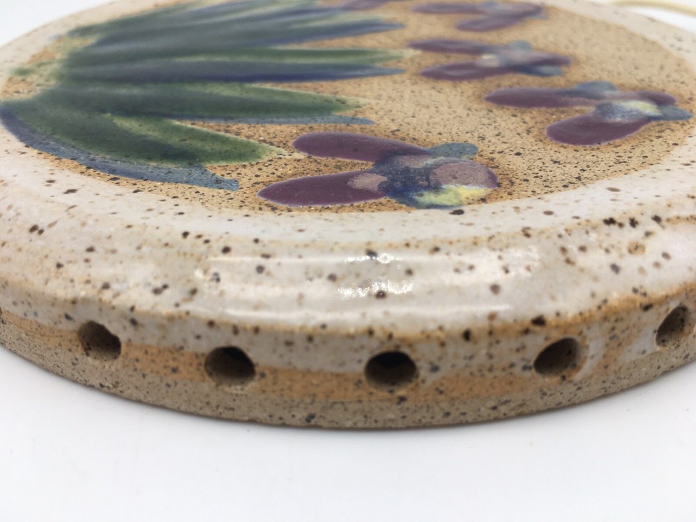 Studio Crafted Art Pottery Hand Painted Iris Wall Plaque Stoneware Signed