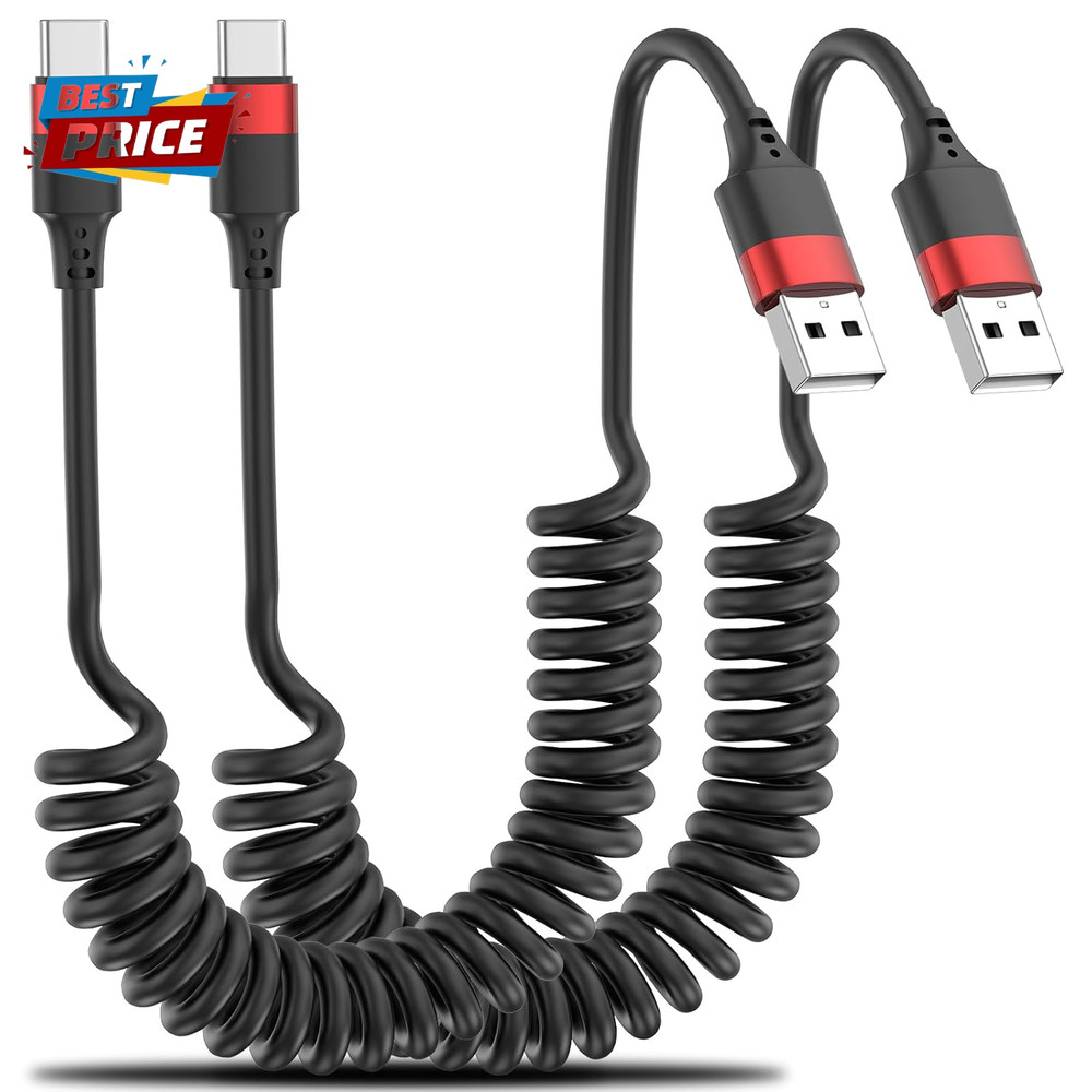 Coiled USB C Cable for Car, 2 Pack Type C Coiled Cable Fast Charging, USB to USB