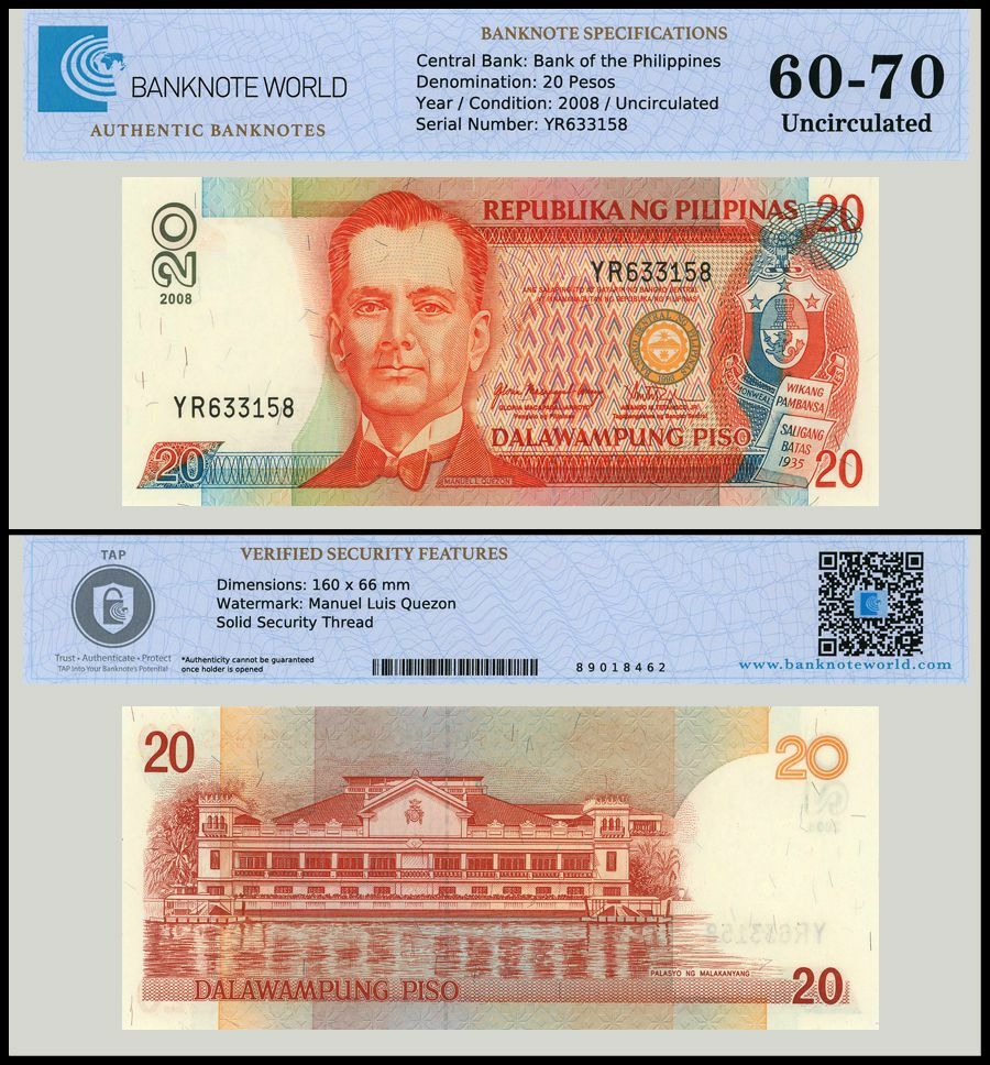 Philippines 20 Piso, 2008, P-182j.4, UNC, Authenticated Banknote