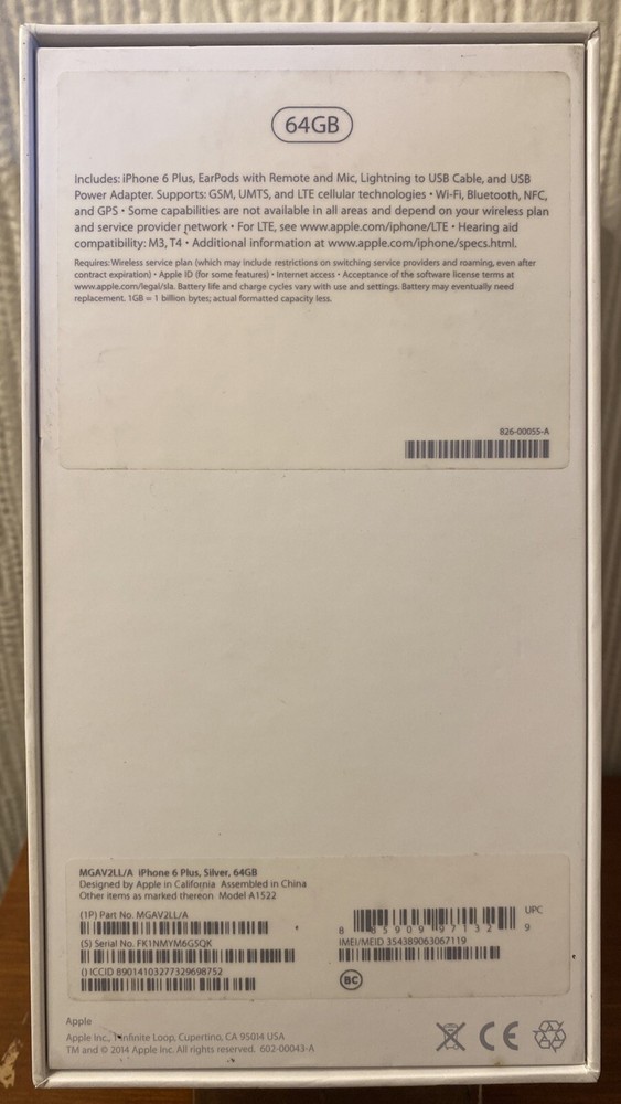 EMPTY BOX ONLY - Apple iPhone 6 Plus Silver 64GB A1522 Replacement Box - OEM