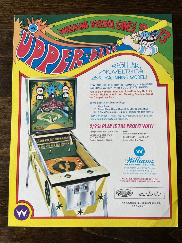 Williams Upper Deck Pinball Machine FLYER Original 1973 Ad Promo Insert
