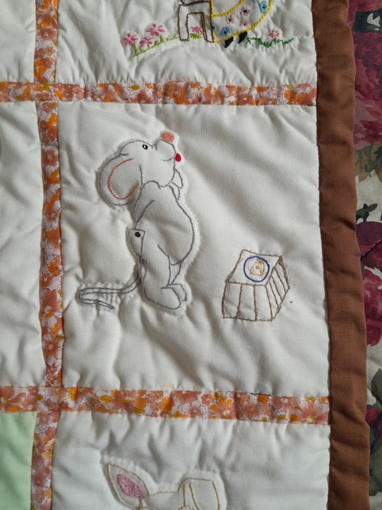 Vintage Handmade Embroidered Patchwork Crib Cot Pram Cover