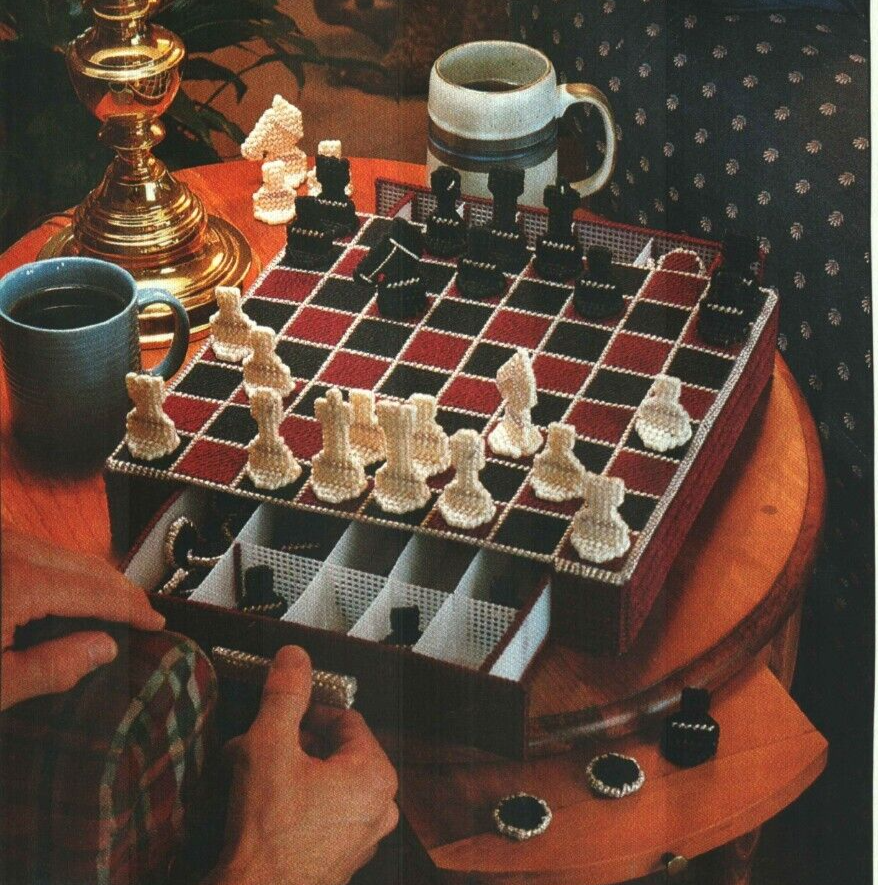 CHECK MATE CHESS GAME WITH PULL OUT STORAGE PLASTIC CANVAS PATTERN INSTRUCTIONS