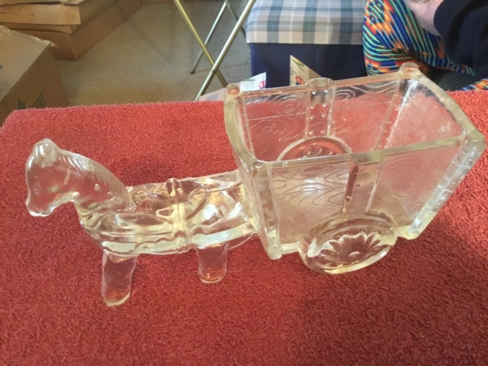 Larger Clear Glass Heavy Donkey Pulling a Wagon Planter