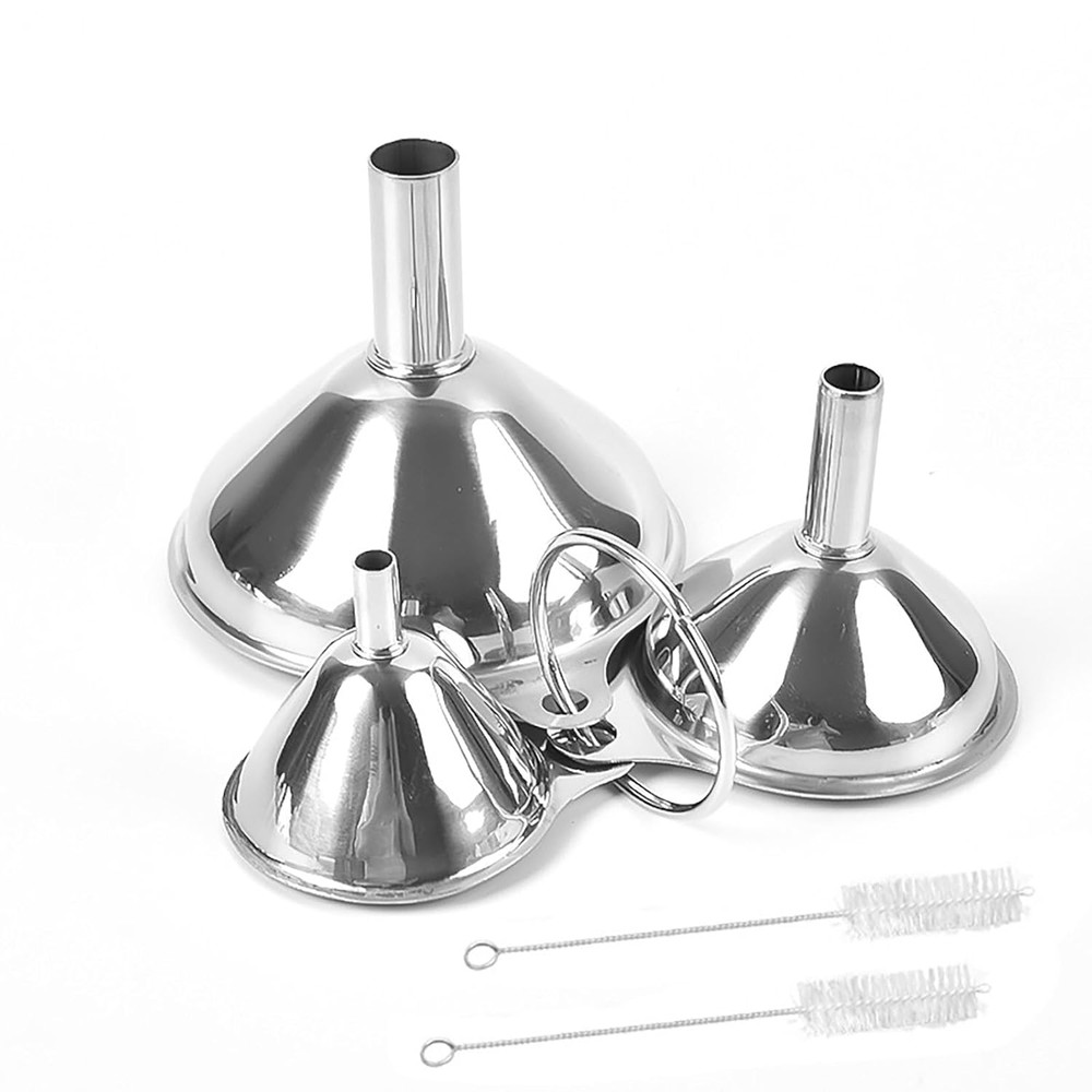3-Piece Stainless Steel Funnel Set with 2 Brushes for Kitchen Bottles & Flasks