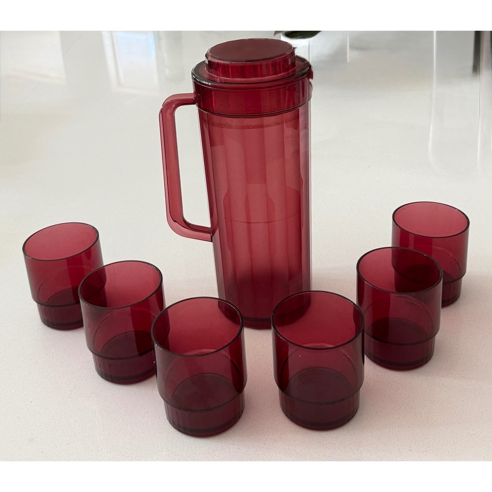 Vtg Tupperware Impressions Ruby Red Pitcher & 6 Stackable 10oz Tumblers Set 7pc