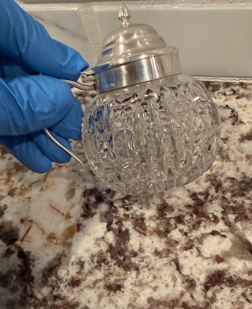 Antique Sterling Top Crystal Condiment Dish with Handle