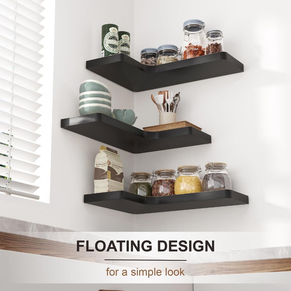 Fuqing Corner Floating Shelves Set of 3 Solid Wood Wall Mount Storage Display