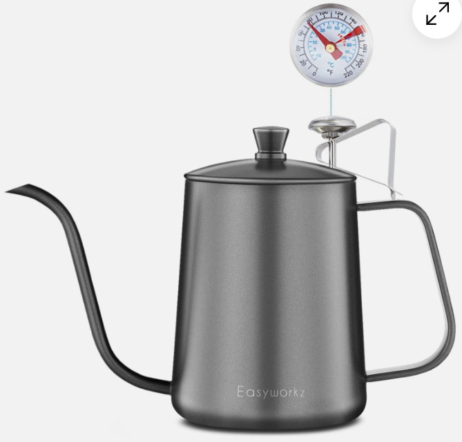 Easyworkz Gooseneck Pour Over Coffee Kettle, 20oz, Black, with Thermometer
