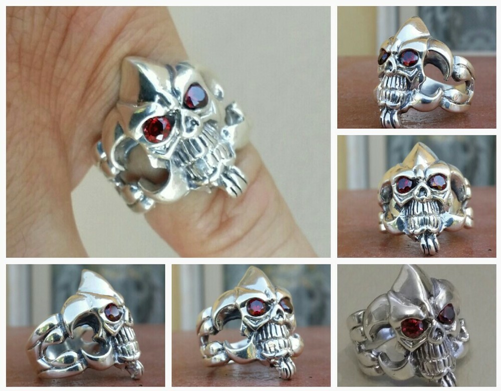 925 MENS SILVER RING motorcycle skull harley garnets ruby color