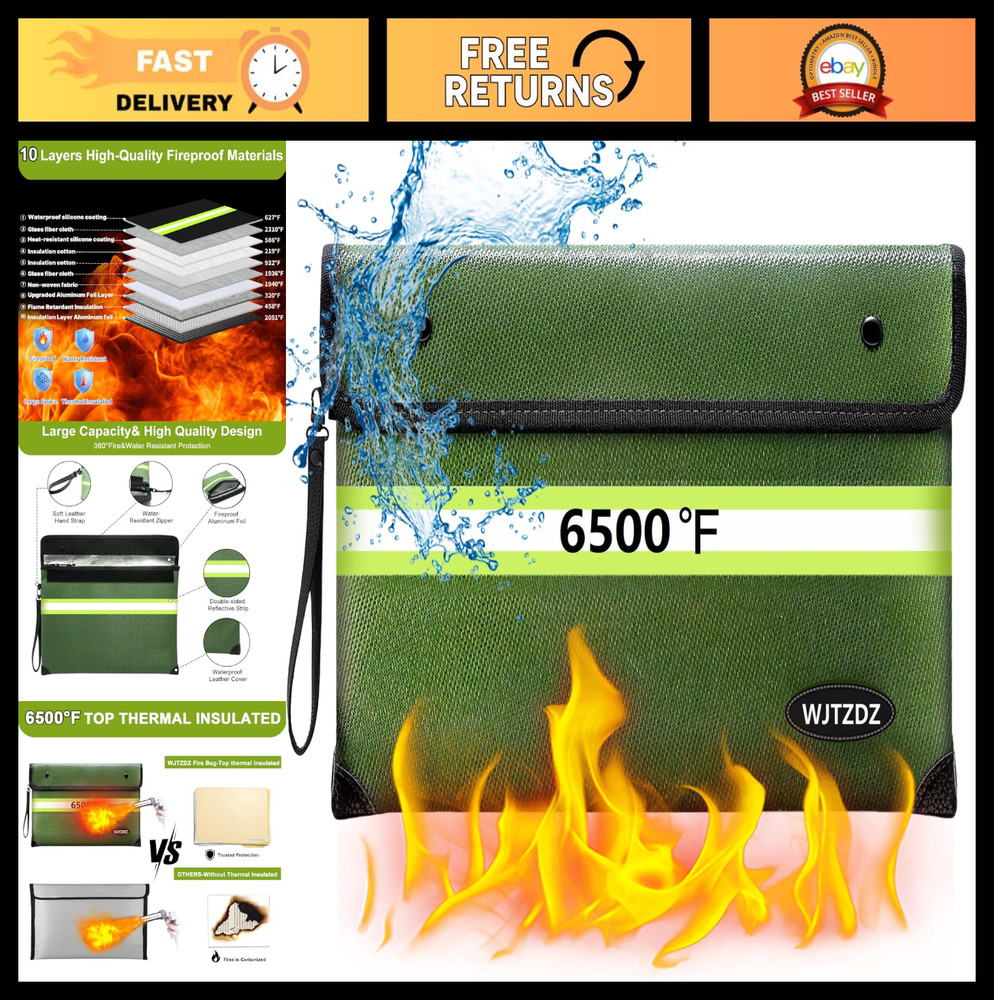 Fireproof Money Bag - 10 Layers Insulation, Waterproof Zipper, Document Holder,