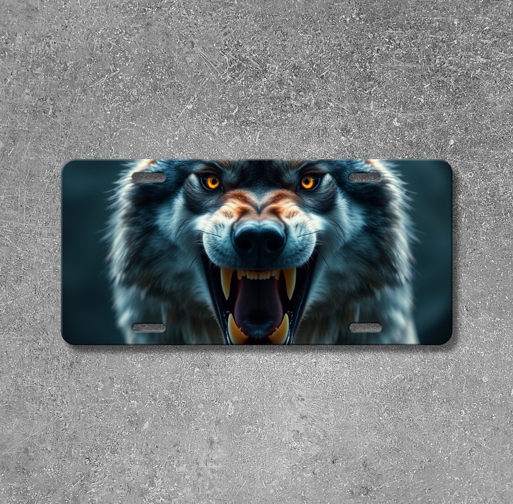 Aggressive Wolf License Plate Fierce Expression Optional Text Front Plate Unique