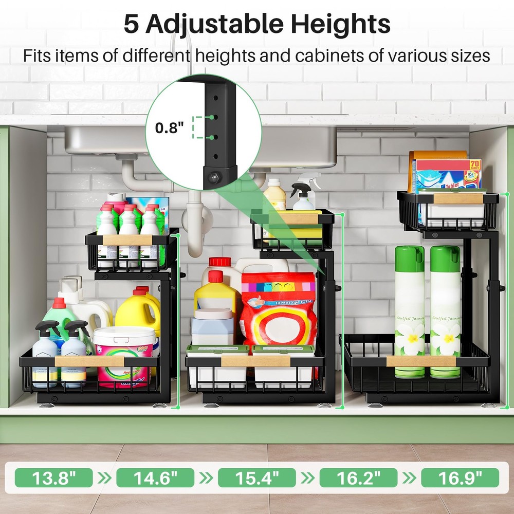 Kitstorack Under Sink Organizer, 2 Tier the Storage, 2 Pack, Black