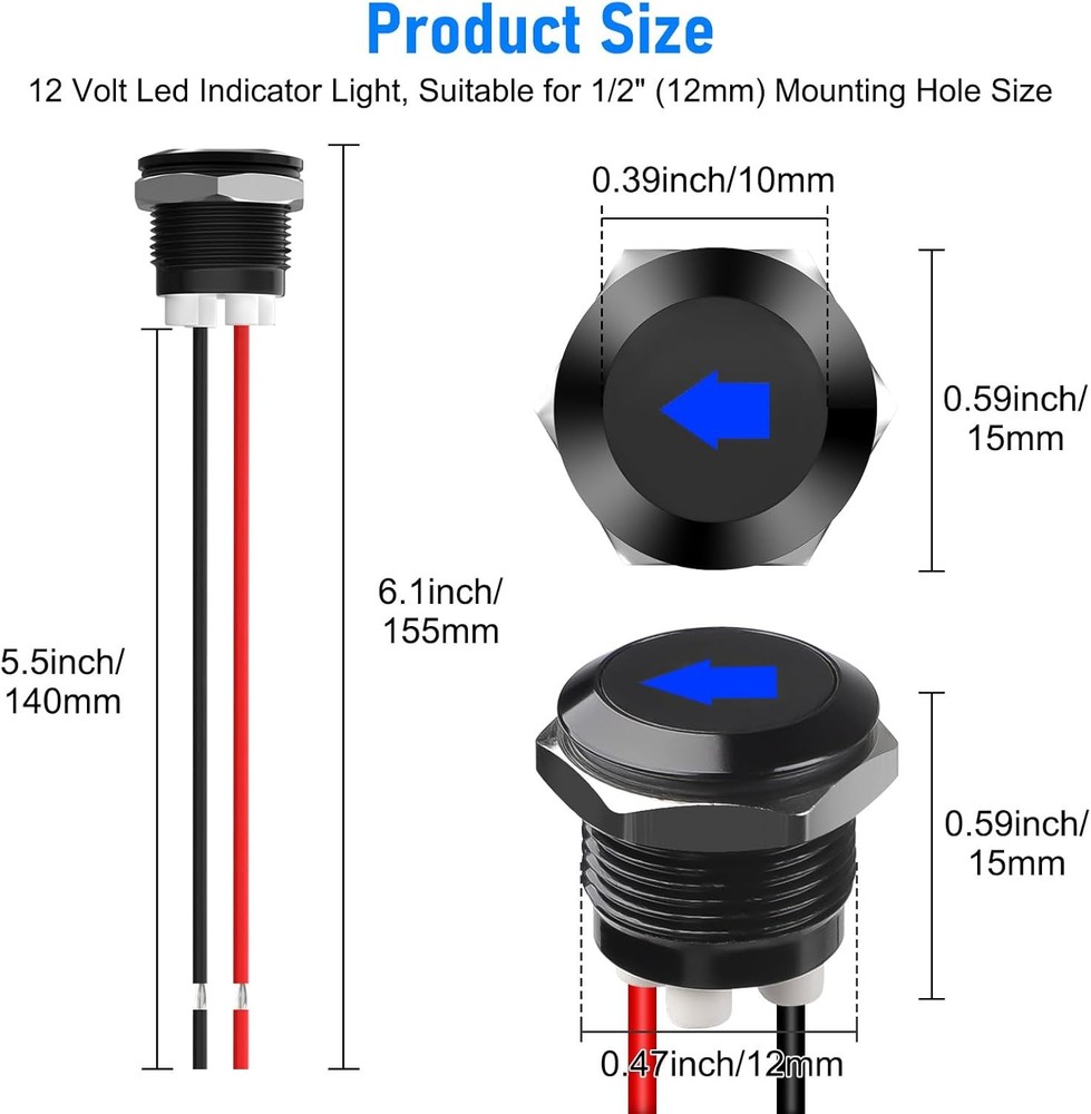 Linkstyle 2PCS 12V LED Indicator Light, 1/2" Panel Cutout Signal Indicator, Meta