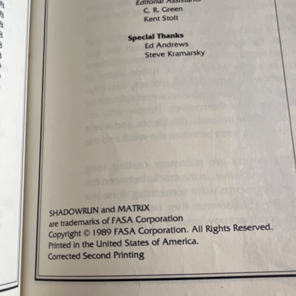 Shadowrun Core Rulebook 7101 Corrected Second Printing 1989 FASA