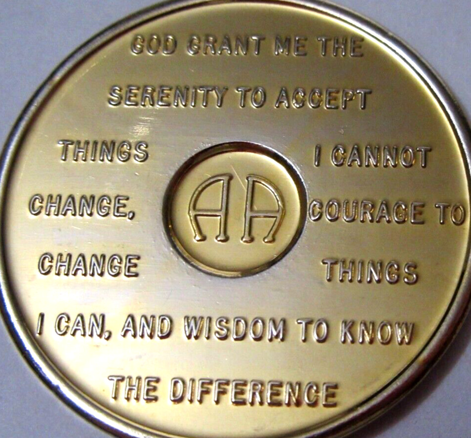 Gold Plated Alcoholics Anonymous 7 Year AA Back Medallion Coin Token Chip