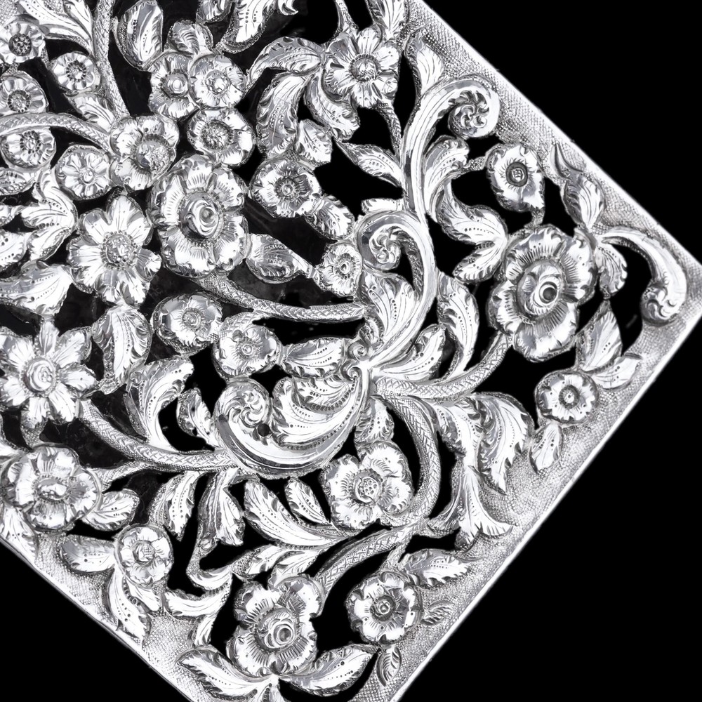Antique Victorian Solid Silver Card Case Pierced Flowers - Francis Clark 1839