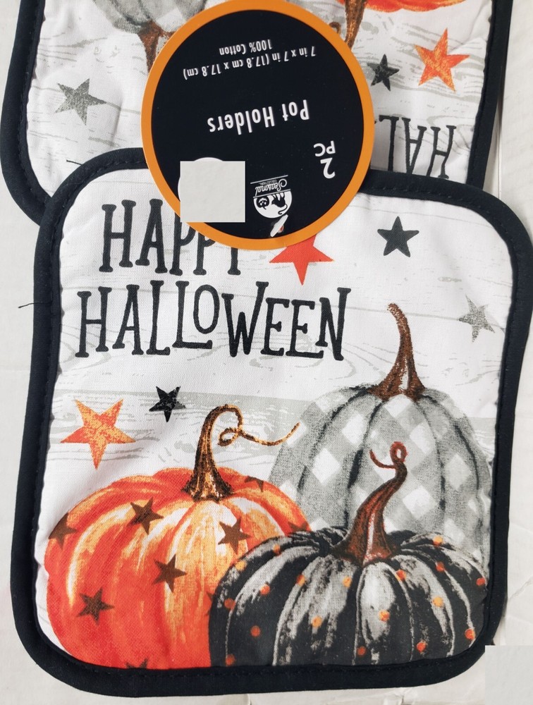 2 Same Kitchen Potholders(7"x7")MULTICOLOR PUMPKINS & STARS, HAPPY HALLOWEEN, GR