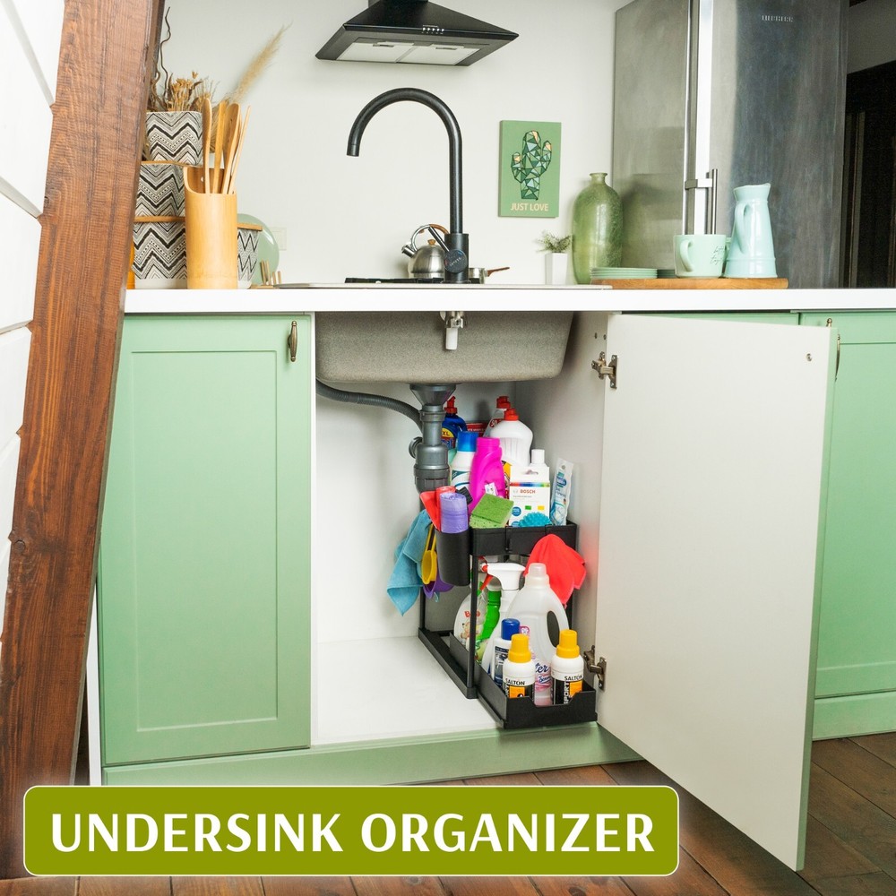 Under Sink Organizer 2 Tier Kitchen Rack Storage Shelf w/ Sliding Cabinet Drawer