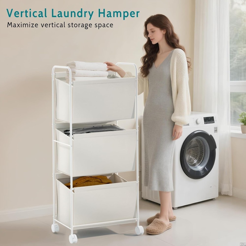 125L Vertical Laundry Hamper W/ Wheels 3 Section Large Rolling Laundry Sorter W/