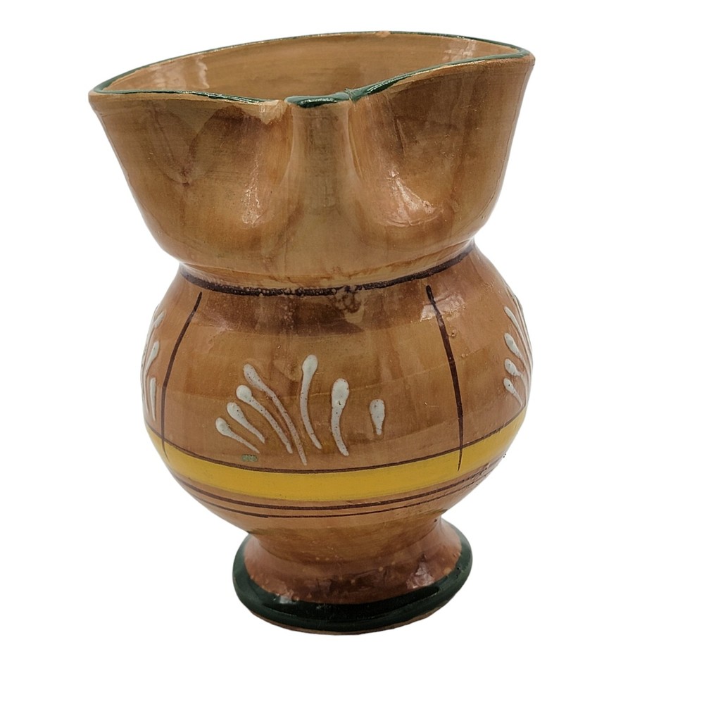 5" Brown Pottery Handled Pitcher Vase Handpainted Unsigned