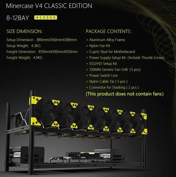 Veddha 8 / 12 GPU Miner Case Aluminum Stackable Mining Case Rig Open Air Frame