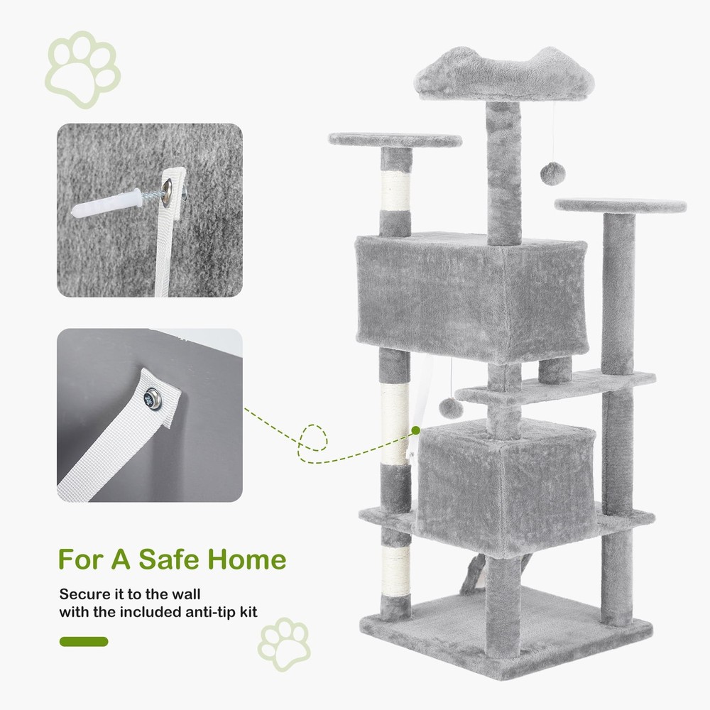 54" Indoor Cat Tree Tower with Multiple Levels, Sisal Scratching Post, Spacious