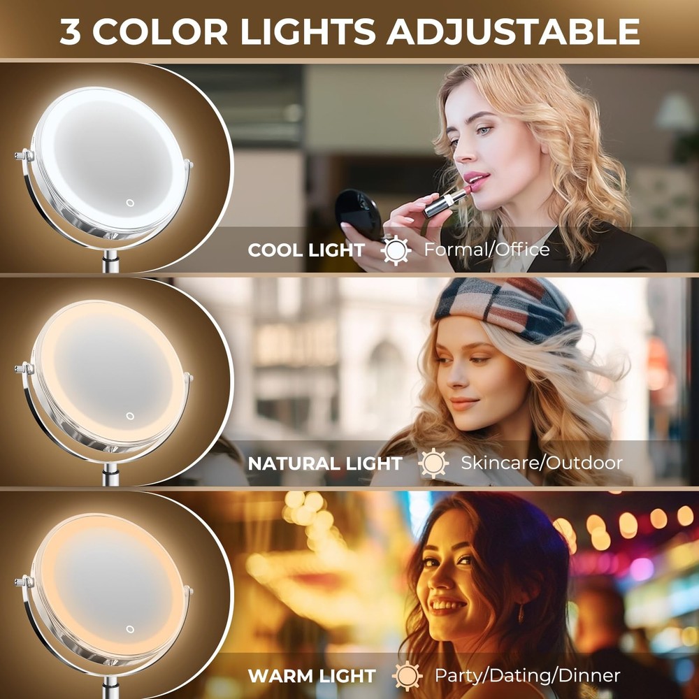 8" Wall Mounted Lighted Makeup Mirror, 3000mAh Rechargeable Double Sided 1X/1...