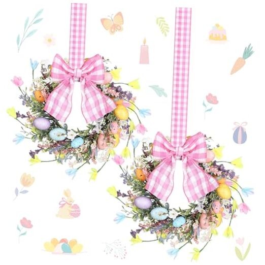 2 Pcs 9'' Mini Easter Wreath for Front Door Easter Eggs Easter Cabinet Wreath