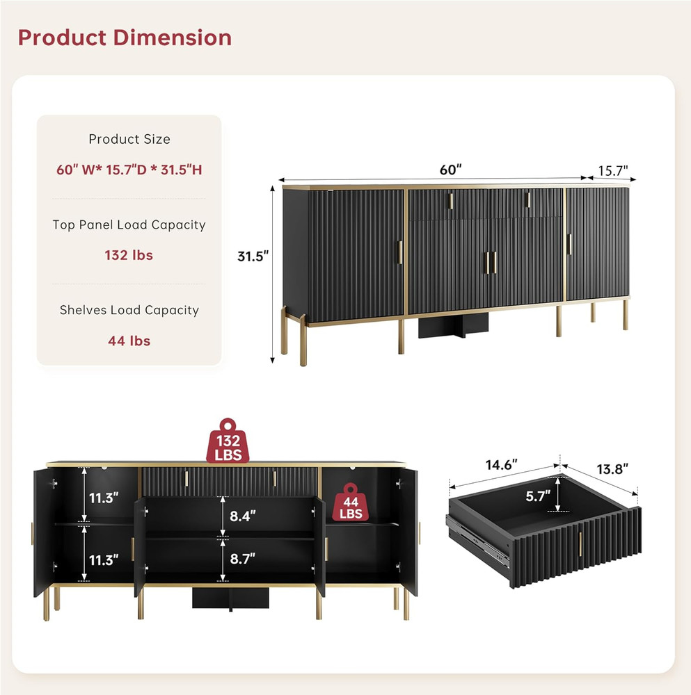 60" Modern Black Buffet Cabinet with Storage & Adjustable Shelves