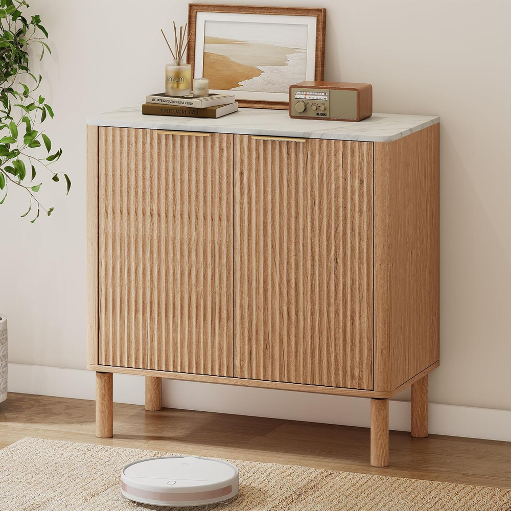 Fluted Cabinet with Storage,Metal Handle,Marble-Pattern Sideboard Buffet Cabinet