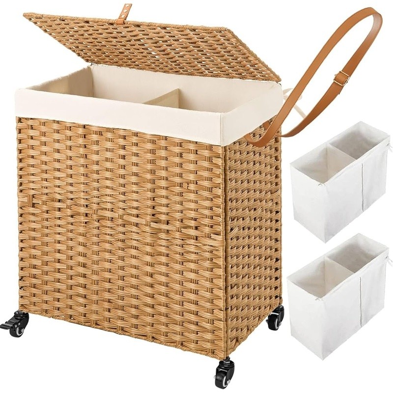 Handwoven Laundry Hamper Rolling Baskets W/ Removable Liner Moisture Resistant