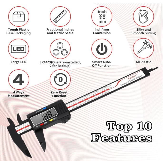 Esydon Digital Caliper 6Inch,Electronic Measuring Tool w LCD,Inch/mm Conversion
