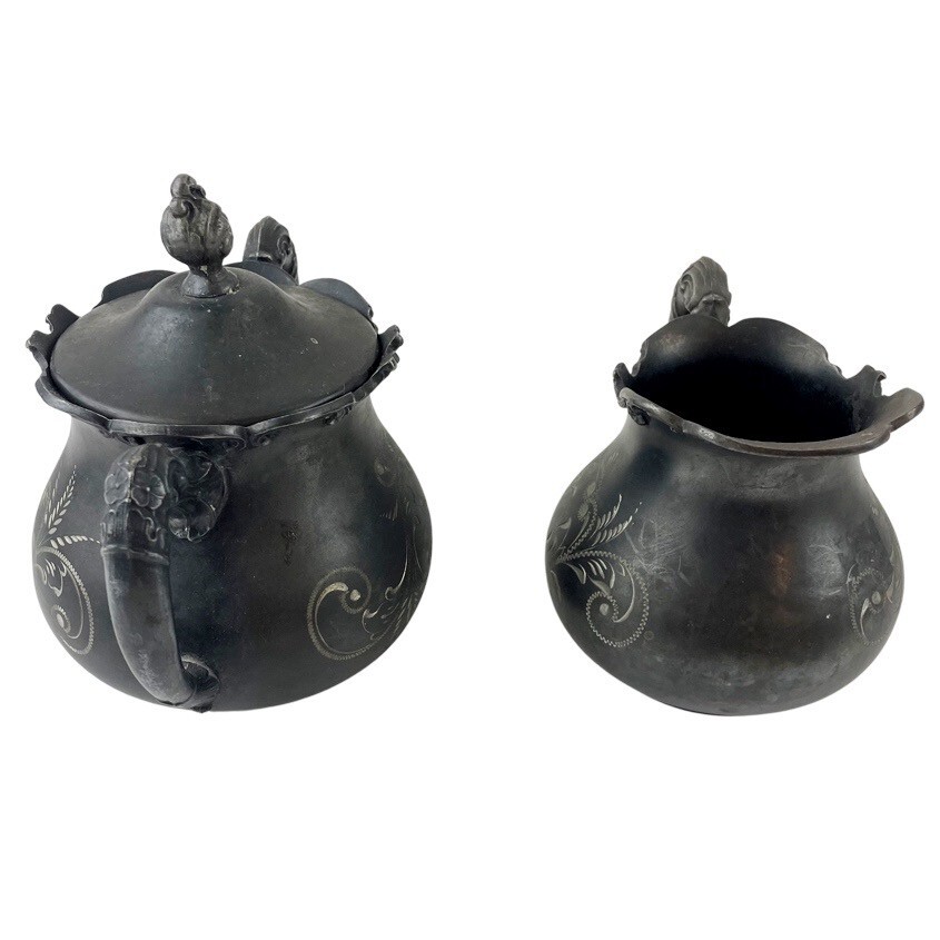 Antique Quadruple Silver Plate Sugar & Creamer Set Lidded Benedict Scroll Etched