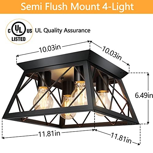 Flush Mount Ceiling Light for Kitchen Hallway, Industrial Close 4-Light Black