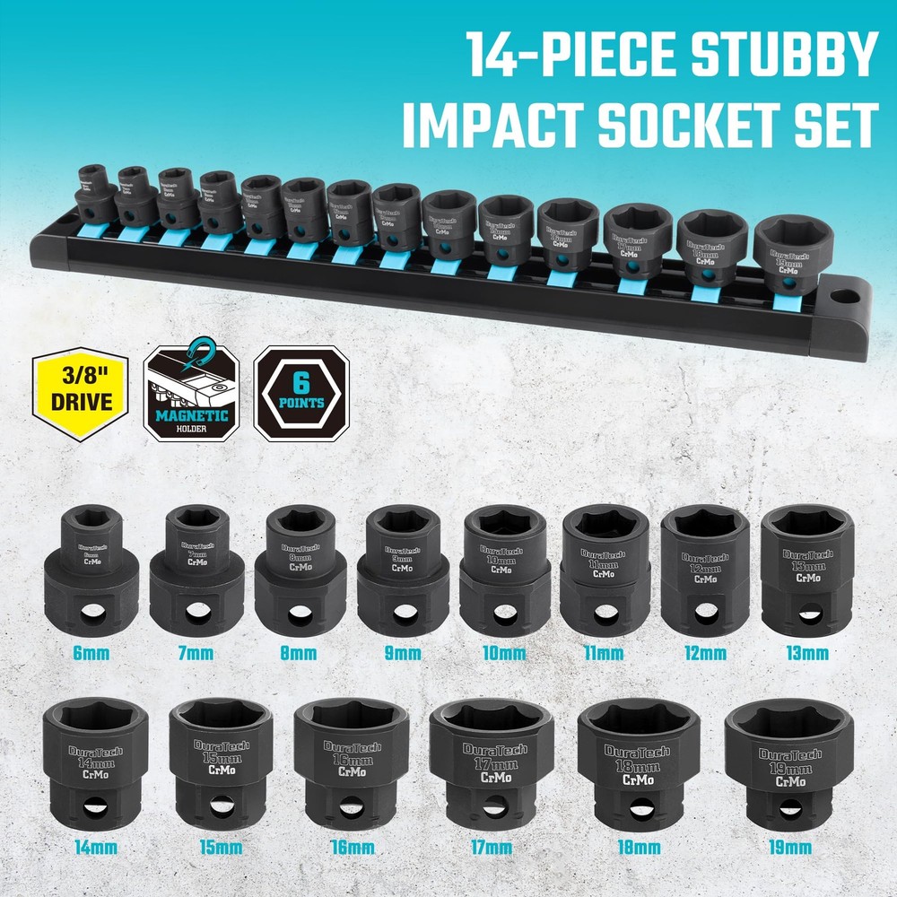 DURATECH 3/8" Drive Stubby Impact Socket Set, Low Profile 14PC