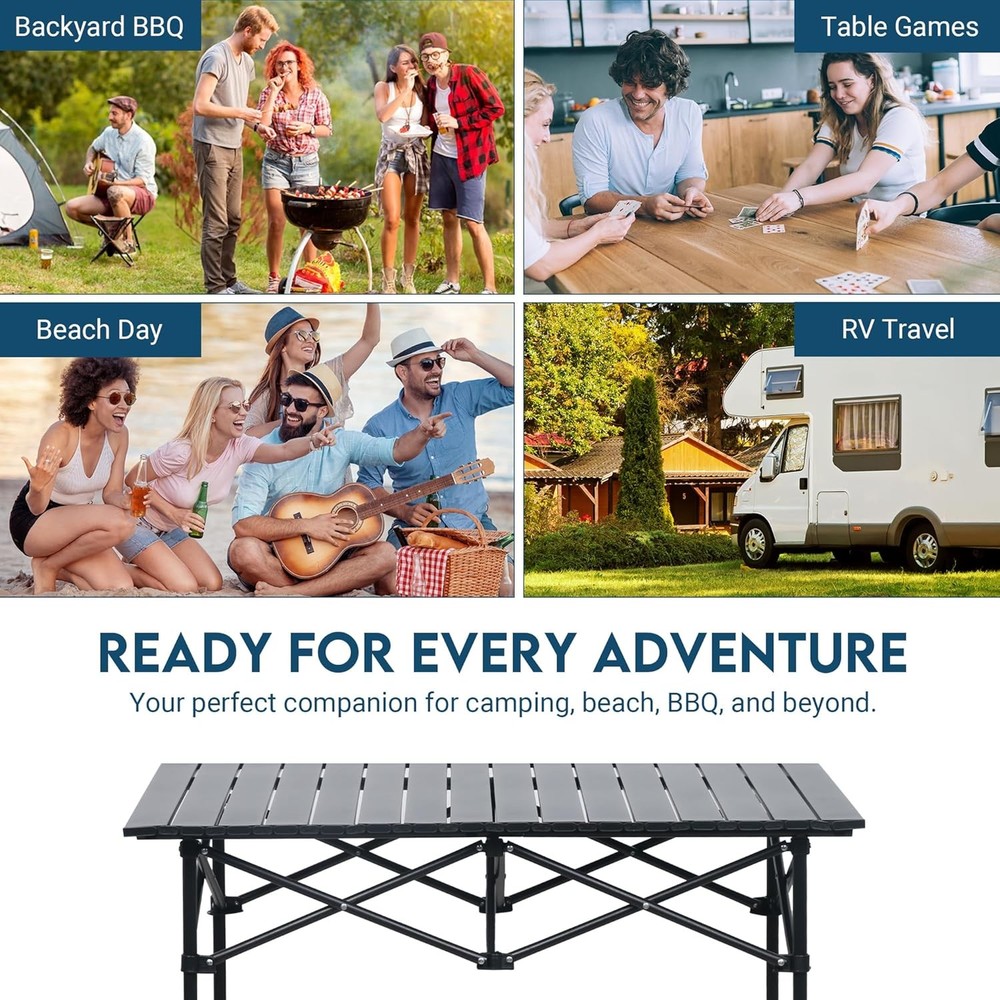 Folding Camping Table Adjustable Height Aluminum Camp Table W/ Roll Up Top