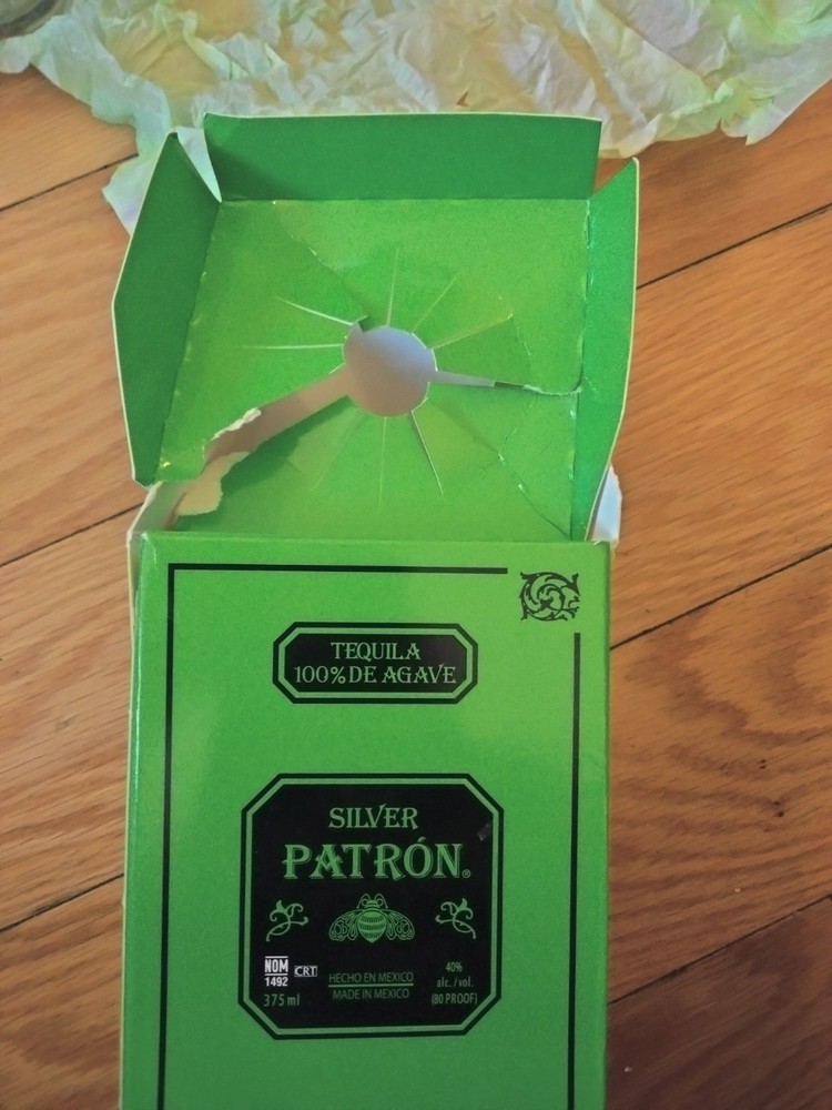 Empty Patron Silver Tequila Bottle With Cork And Box 375 ml TISSUE PAPER
