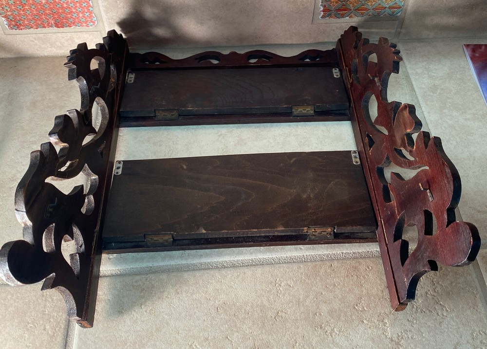 Antique Victorian brown decorative Scrollwork folding small Display Rack shelf