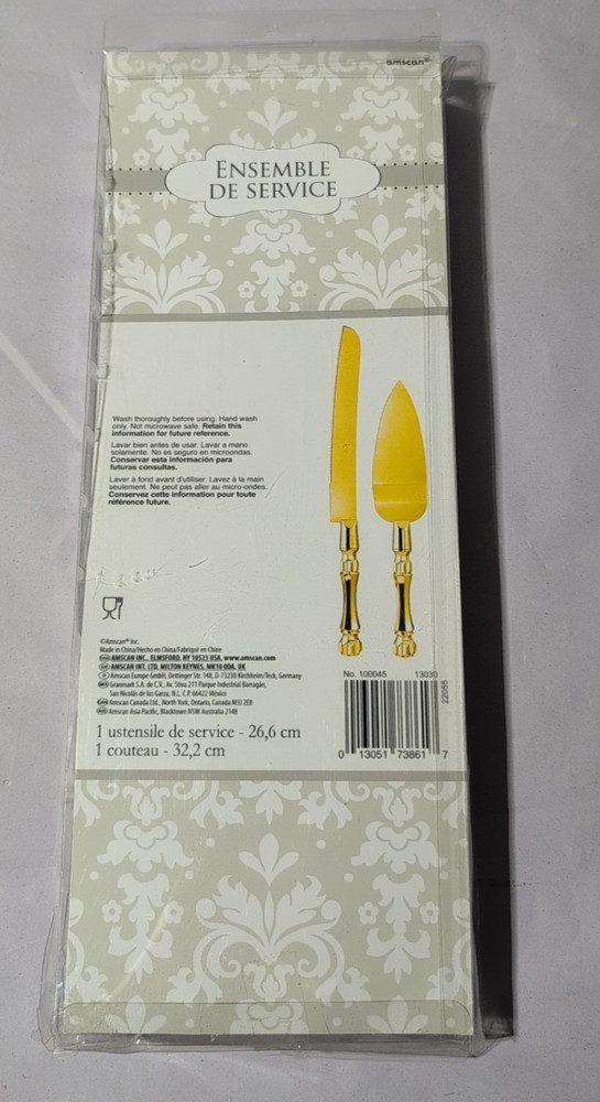 AMSCAN GOLD WEDDING / ANNIVERSARY CAKE SERVER / KNIFE SET - NEW