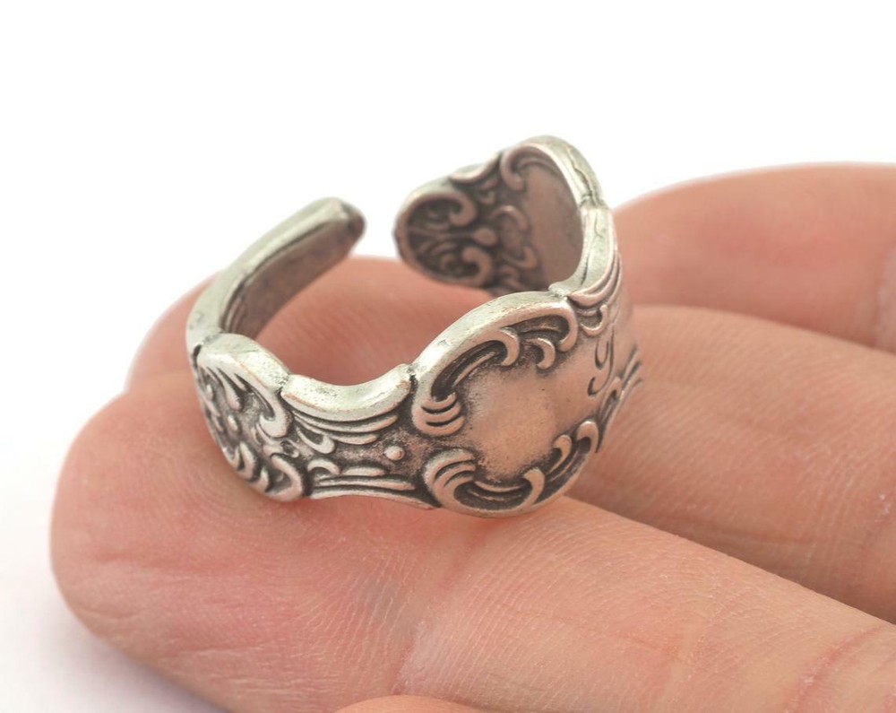 Spoon Ring Flower Patterned Adjustable Ring Antique Silver Plated brass 8US 2676