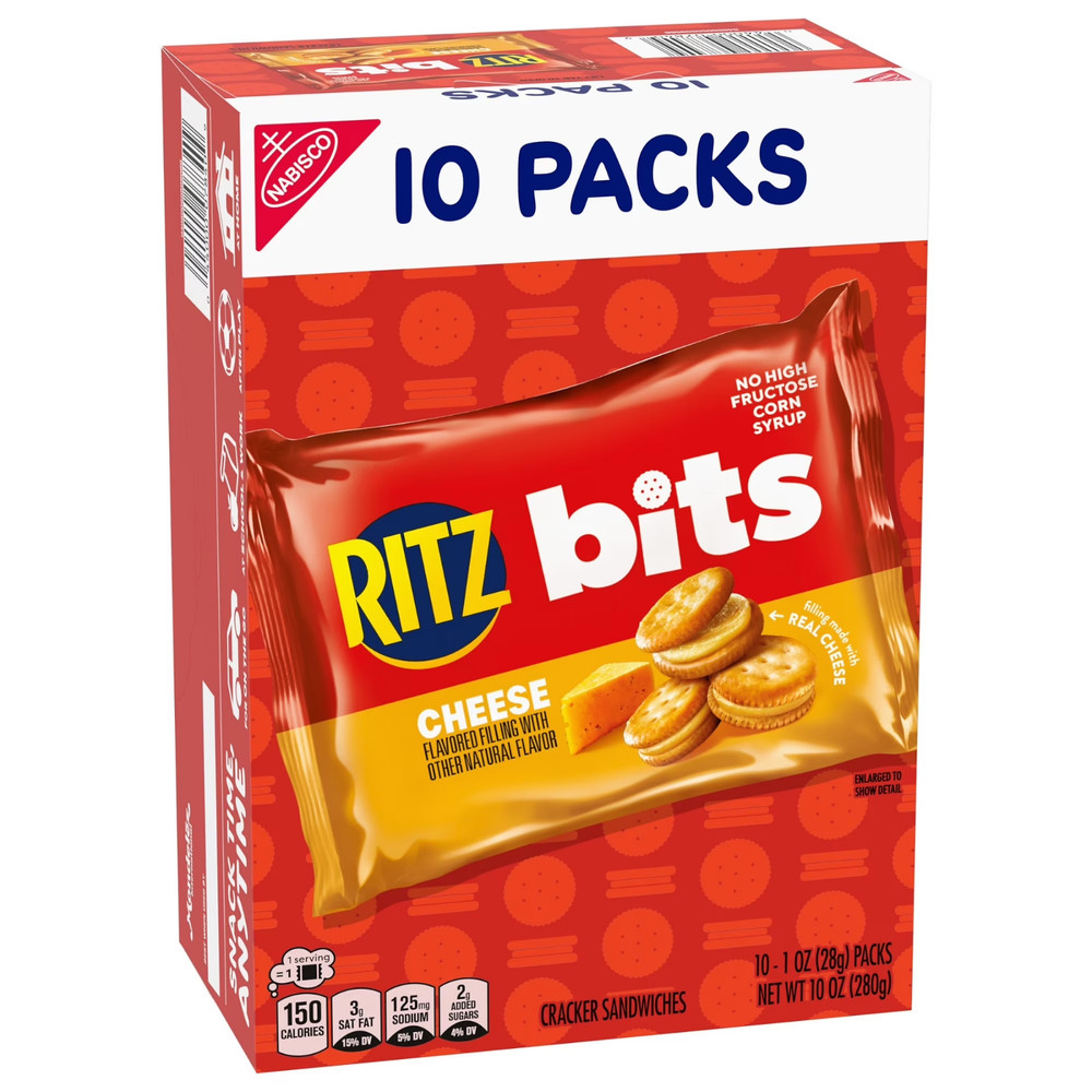 RITZ Bits Cheese Sandwich Crackers, Lunch Snacks, 10 Snack Packs
